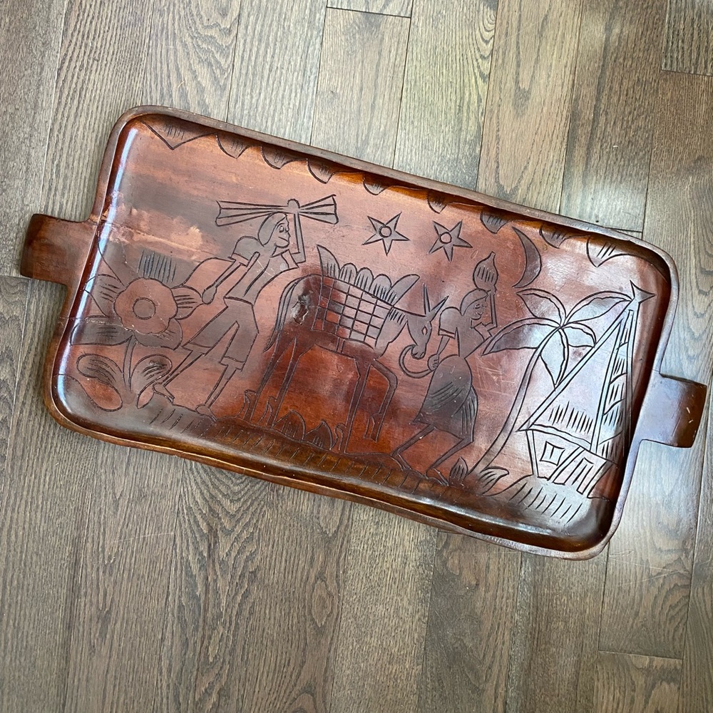 Carved wood serving board tray with handles